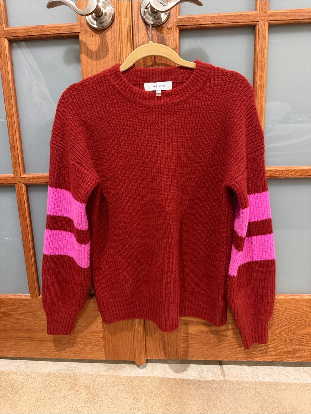 John + Jenn Maroon Crewneck Sweater with Pink Sleeve Stripes